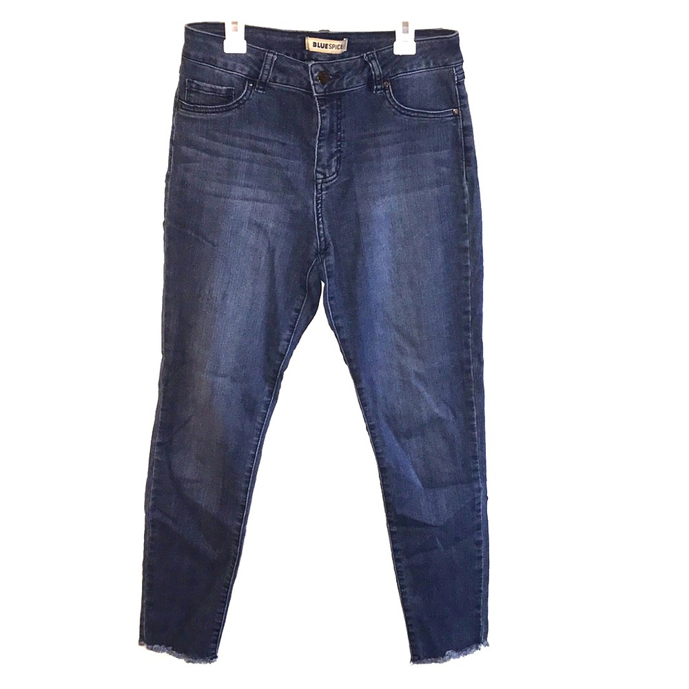 Dark/Medium Wash 7/8 Length Fringed Bottom Jeans